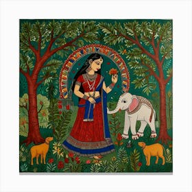 Indian Woman With Elephant Canvas Print