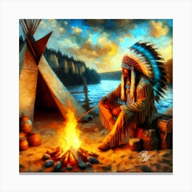 Oil Texture Native American Indian By A Campfire 4 Copy Canvas Print