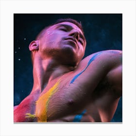 muscular male torso covered in rainbow paint ,in space, side view Canvas Print