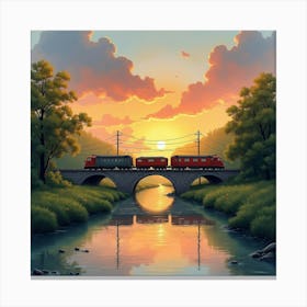 Rustic Train Crossing A Serene Watercolor River At Sunset 1 Canvas Print