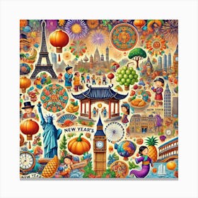 Global New Year’S Celebrations Printed Art A Vibrant Illustration Of New Year’S Festivities From Around The World, Perfect For Adding A Touch Of Cultural Diversity And Joy To Any School Space Prin Canvas Print