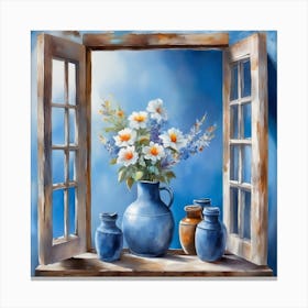Blue wall. Open window. From inside an old-style room. Silver in the middle. There are several small pottery jars next to the window. There are flowers in the jars Spring oil colors. Wall painting.56 Canvas Print