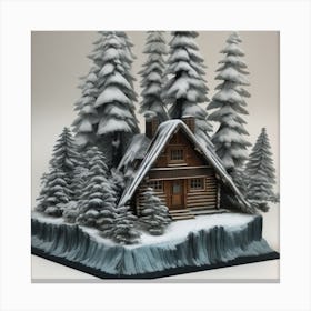 Small wooden hut inside a dense forest of pine trees with falling snow 3 Canvas Print