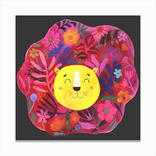 Roar Little Lion Floral Mane Square Canvas Print