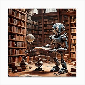 A robotic figure resembling a Pixar character, delves into a mysterious lost library Canvas Print