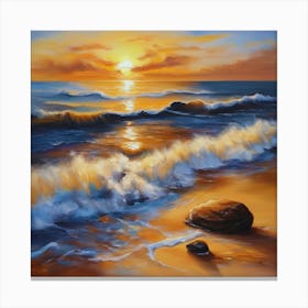 The sea. Beach waves. Beach sand and rocks. Sunset over the sea. Oil on canvas artwork.9 Canvas Print