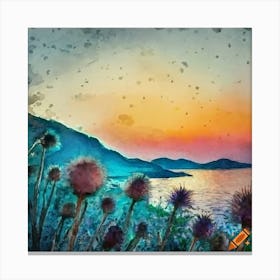 Craiyon 002624 Watercolor Of Field Of Thistles At Dusk On A Hill Overlooking The Sea In The Peloponn Canvas Print