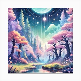 A Fantasy Forest With Twinkling Stars In Pastel Tone Square Composition 92 Canvas Print