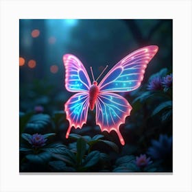 A Futuristic Butterfly With Translucent Wings Of Shimmering, Neon Light In A Cyberpunk Garden Canvas Print