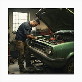 Mechanic Fixing A Car Canvas Print