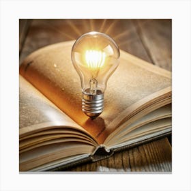 An open book lies on a wooden table with a glowing light bulb. Canvas Print