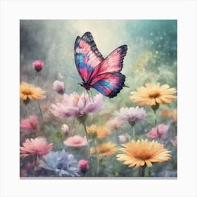 Butterfly In A Flower Field Canvas Print