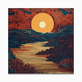 Sunset Over The River Abstract Linocut Canvas Print