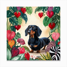 Black Dachshund with Plants and Hearts Canvas Print