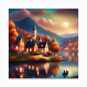 Autumn Village By The Lake Canvas Print