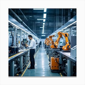 Futuristic Factory Floor Where An Artificial Intelligence Technology Manager Standing On The Convey (6) Leinwandbild