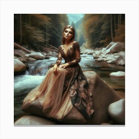 Beautiful Woman Sitting On Rocks By A River Canvas Print