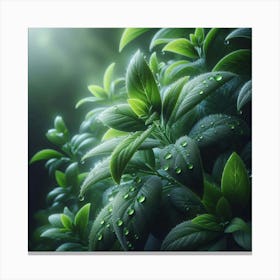 Green Leaves With Water Droplets Canvas Print