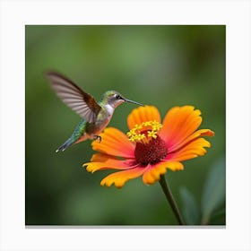 A Tiny Hummingbird Hovering Near A Bright, Colorful Flower Canvas Print