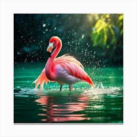 Firefly Green, Soft, Plush, Flamingo, Swimming, Transparent, Glass Lake, Sunlight, Snow, Falling, Re (1) Canvas Print