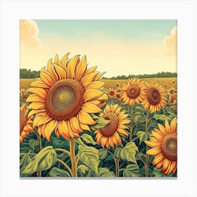 Sunflower Field Botanical Art Illustration Canvas Print