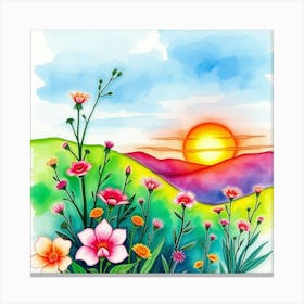 Watercolor Landscape With Flowers Canvas Print