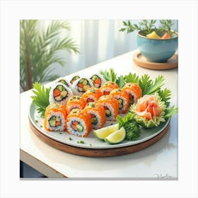 Watercolor Painting Of A Fresh And Light Summer Roll Platter On A Modern Dining Table Canvas Print