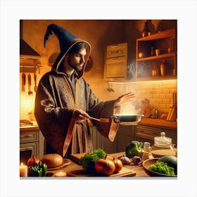 Young mage cooking a meal in a modern kitchen Canvas Print