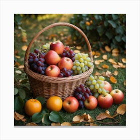 A Wicker Basket Filled With An Abundance Of Ripe Fruits Like Apples, Oranges And Grapes Arranged Neatly On The Ground Surrounded By Leaves Canvas Print