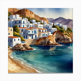 Watercolor Of A Greek Village.Summer on a Greek island. Sea. Sand beach. White houses. Blue roofs. The beauty of the place. Watercolor. Canvas Print