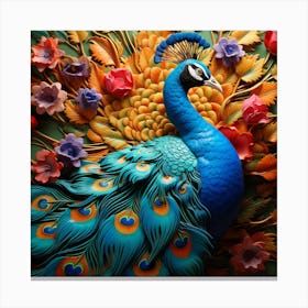 Peacock With Flowers Canvas Print