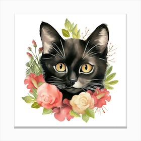 Black Cat With Flowers Canvas Print