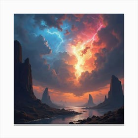 Titan Battling Gods In Colorful Thunderstorm, Vibrant Scene 1 Canvas Print