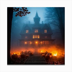 Fog Holiday Greeting Scarey Evil Dark Ominous Leaf Stripes Haunting Wood Carving Flames (24) Canvas Print