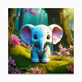 Firefly 3d, Animated, Cute, Little, Round, Turquoise, Elephant, Baby, Forest, Pink Flowers, Whimsica (1) Canvas Print