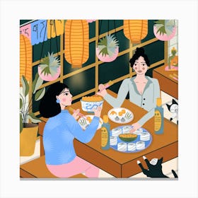 Friends Enjoying Meal Together Square Canvas Print