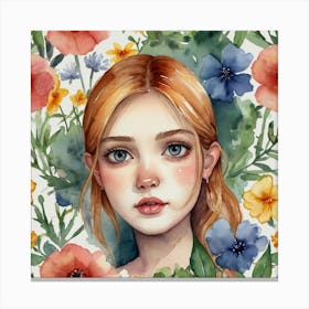 Watercolor Of A Girl With Flowers Canvas Print