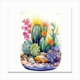 Watercolor Colorful Cactus in a Glass Jar 2 Canvas Print
