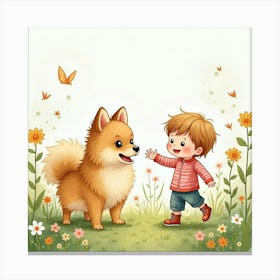 A Pomeranian And A Child Having A Playful Day In A Flower Garden, Watercolor Canvas Print