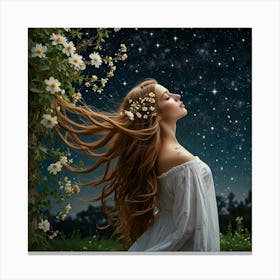 Beautiful Young Woman With Long Hair In The Garden At Night Canvas Print