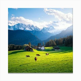 Alpine Pastoral Landscape Cows Grazing On Lush Green Slopes Snow Capped Mountains In The Distance (3) Canvas Print