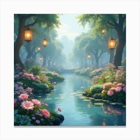 Mystical Garden With Floating Lanterns And Pastel Flowers 1 Canvas Print