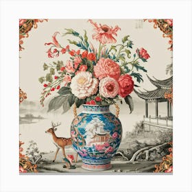 Chinoiserie vase and flowers and deer, traditional art style Canvas Print