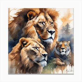Original Watercolor Masterpiece Depicting Majestic Lions Fierce Tigers  Canvas Print