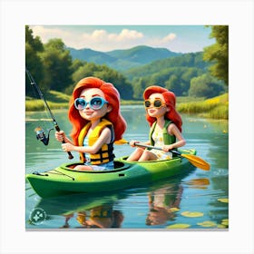 Two Girls Fishing In A Kayak Canvas Print