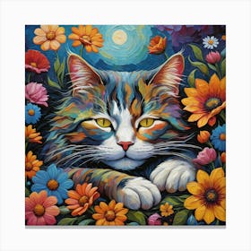 Psychedelic painting art of a cat surrounded by flowers Canvas Print