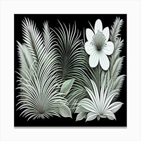 A black and white floral background with leaves and flowers. Canvas Print
