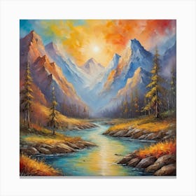 Vintage  mountain and  river and  sunset Canvas Print