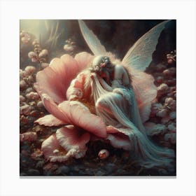 Fairy On A Flower, An ethereal artwork depicting a solitary fairy with translucent wings seated in a giant pink flower amidst a mystical garden, classic art Canvas Print