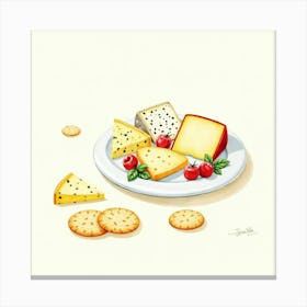 A Watercolor Illustration Of A Plate Of Assorted Gourmet Cheeses And Crackers Canvas Print